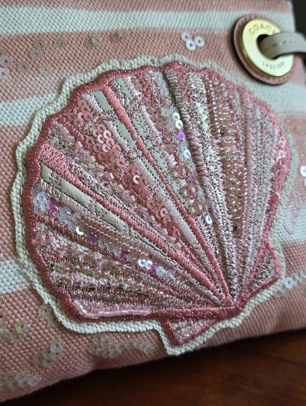 Coach Audrey Pink Sequin Shell Canvas Studded Wristlet Bag - Picture 6 of 16
